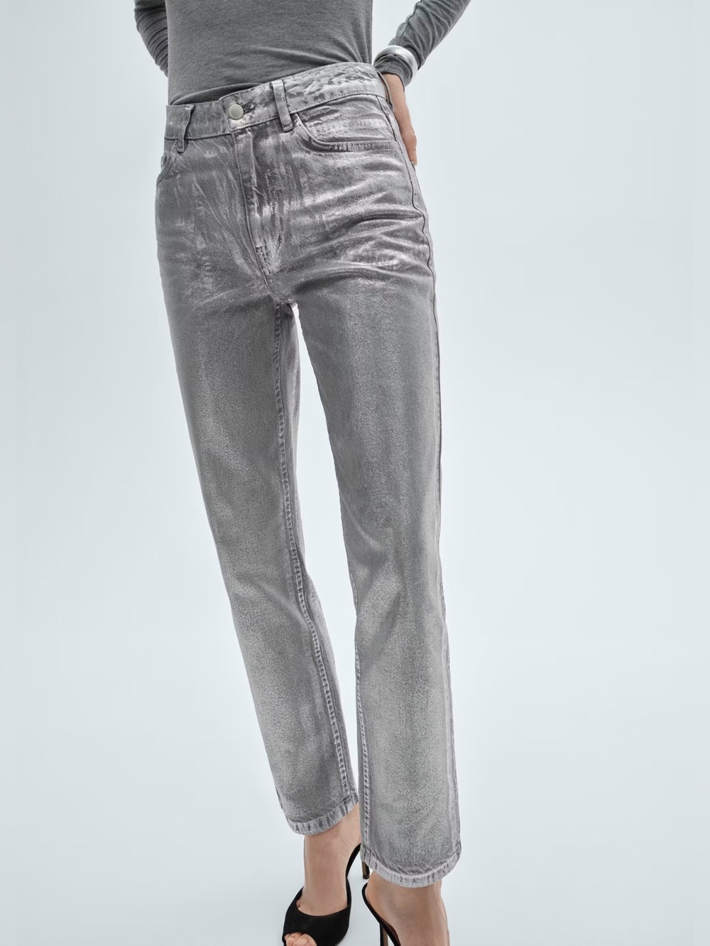 Mango Silver Grey Straight foil Jeans NWT
